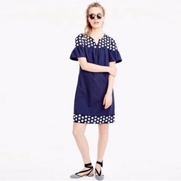Jcrew Polka Dot Ruffle Sleeve Dress Navy Blue - Picture 1 of 11